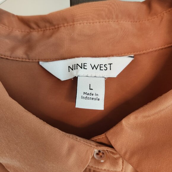 Classy Nine West Shiny Button Down Dress Shirt Top Coral Orange Pastel Large - Picture 2 of 10